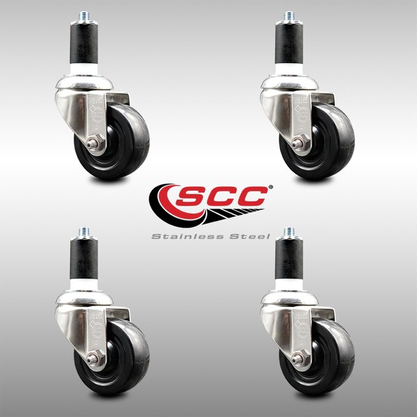 3 Inch 316SS Hard Rubber Wheel Swivel 1-5/8 Inch Expanding Stem Caster Set SCC